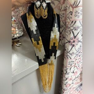 Handmade Beaded Statement Necklace - Black, Gold & White